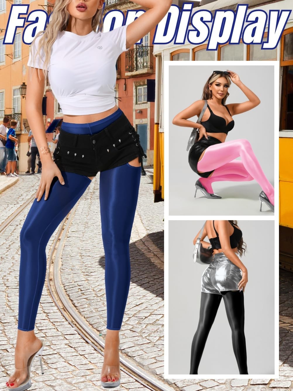 image:imageChiaoLezhee Sexy Shiny Leggings For Women Sheer High Waisted Shimmer Sparkly Glossy Rave Party Pants Suspender PantyhoseNavy Blue