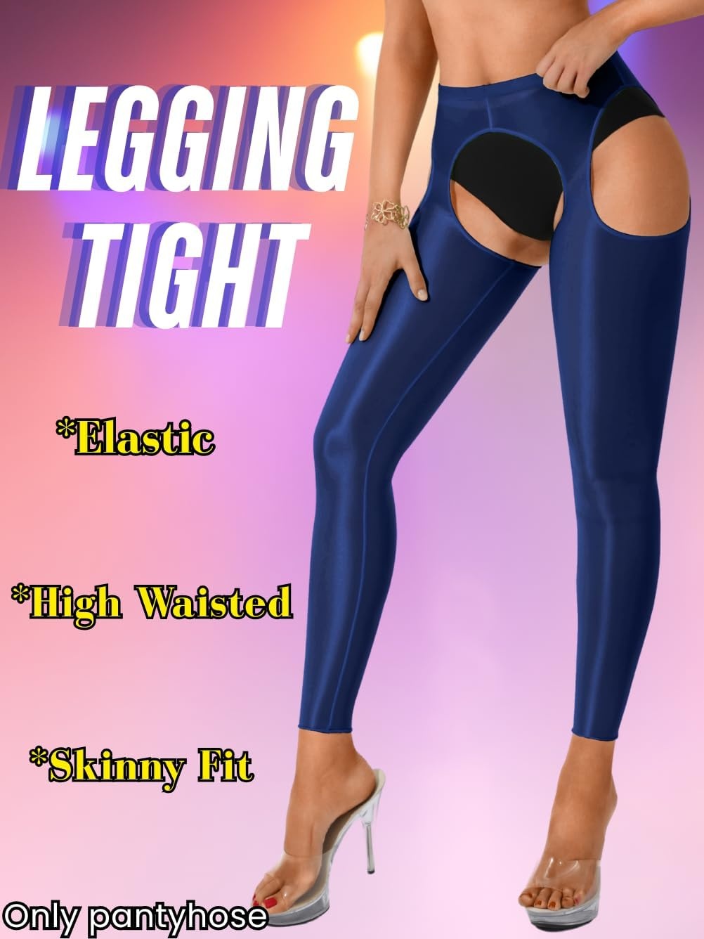 image:imageChiaoLezhee Sexy Shiny Leggings For Women Sheer High Waisted Shimmer Sparkly Glossy Rave Party Pants Suspender PantyhoseNavy Blue