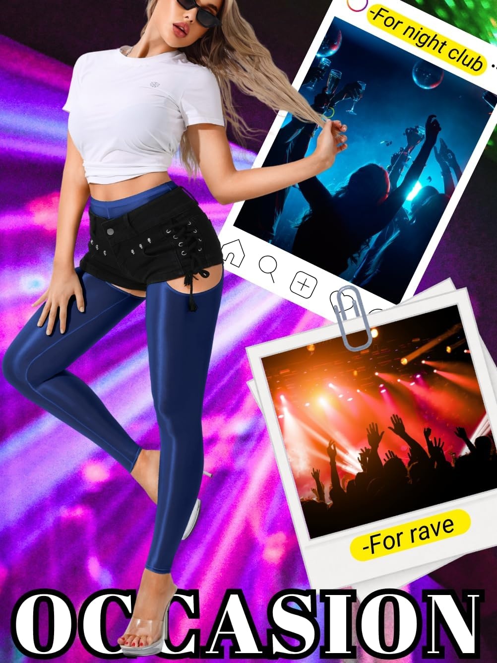 image:imageChiaoLezhee Sexy Shiny Leggings For Women Sheer High Waisted Shimmer Sparkly Glossy Rave Party Pants Suspender PantyhoseNavy Blue