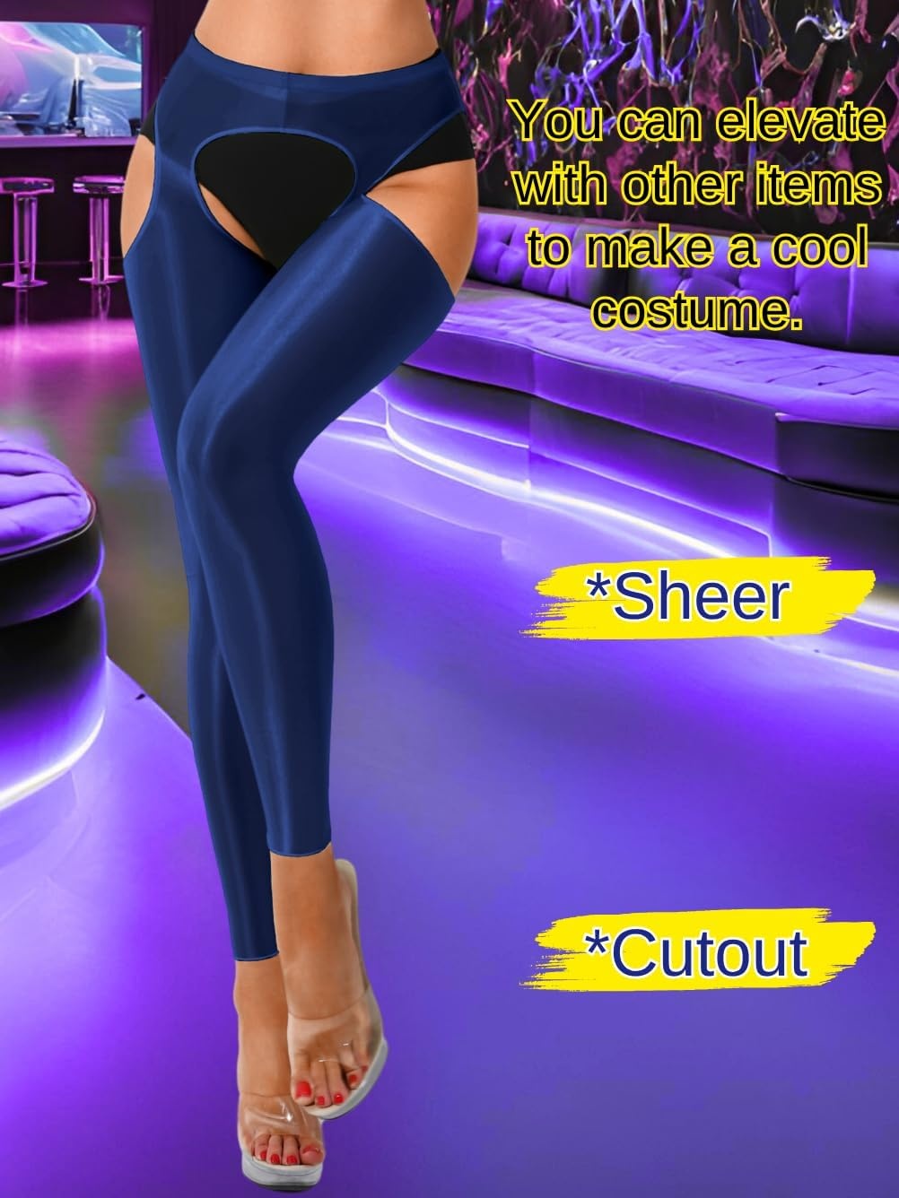 image:imageChiaoLezhee Sexy Shiny Leggings For Women Sheer High Waisted Shimmer Sparkly Glossy Rave Party Pants Suspender PantyhoseNavy Blue