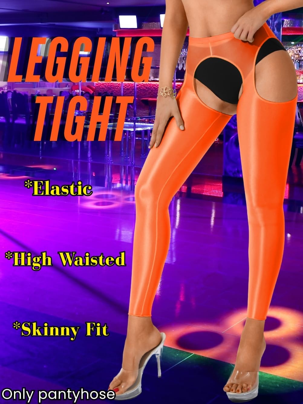 image:imageChiaoLezhee Sexy Shiny Leggings For Women Sheer High Waisted Shimmer Sparkly Glossy Rave Party Pants Suspender PantyhoseNeon Orange