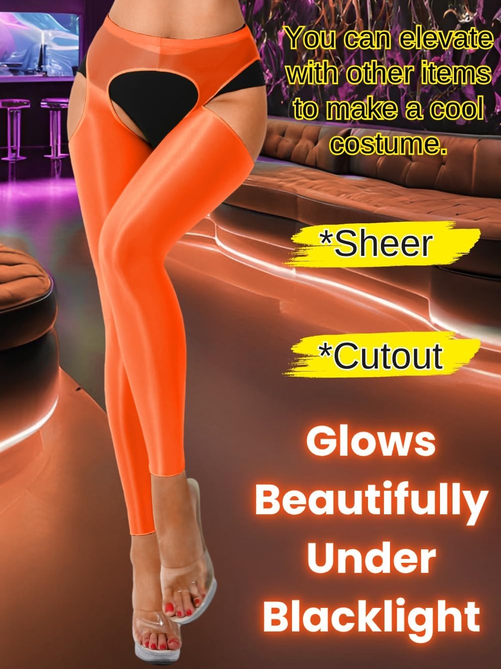 image:imageChiaoLezhee Sexy Shiny Leggings For Women Sheer High Waisted Shimmer Sparkly Glossy Rave Party Pants Suspender PantyhoseNeon Orange