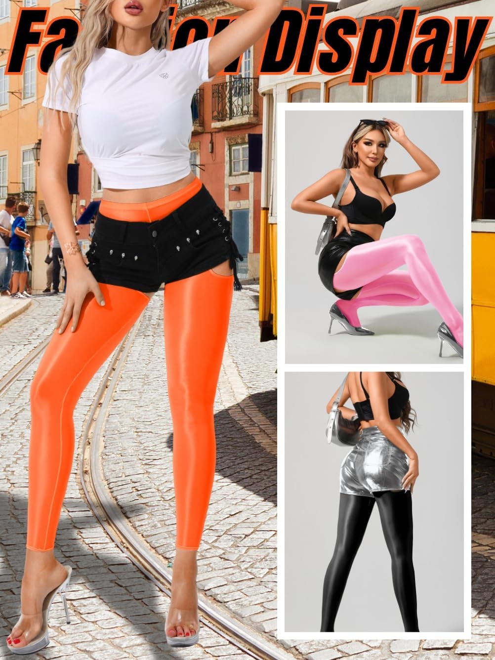 image:imageChiaoLezhee Sexy Shiny Leggings For Women Sheer High Waisted Shimmer Sparkly Glossy Rave Party Pants Suspender PantyhoseNeon Orange