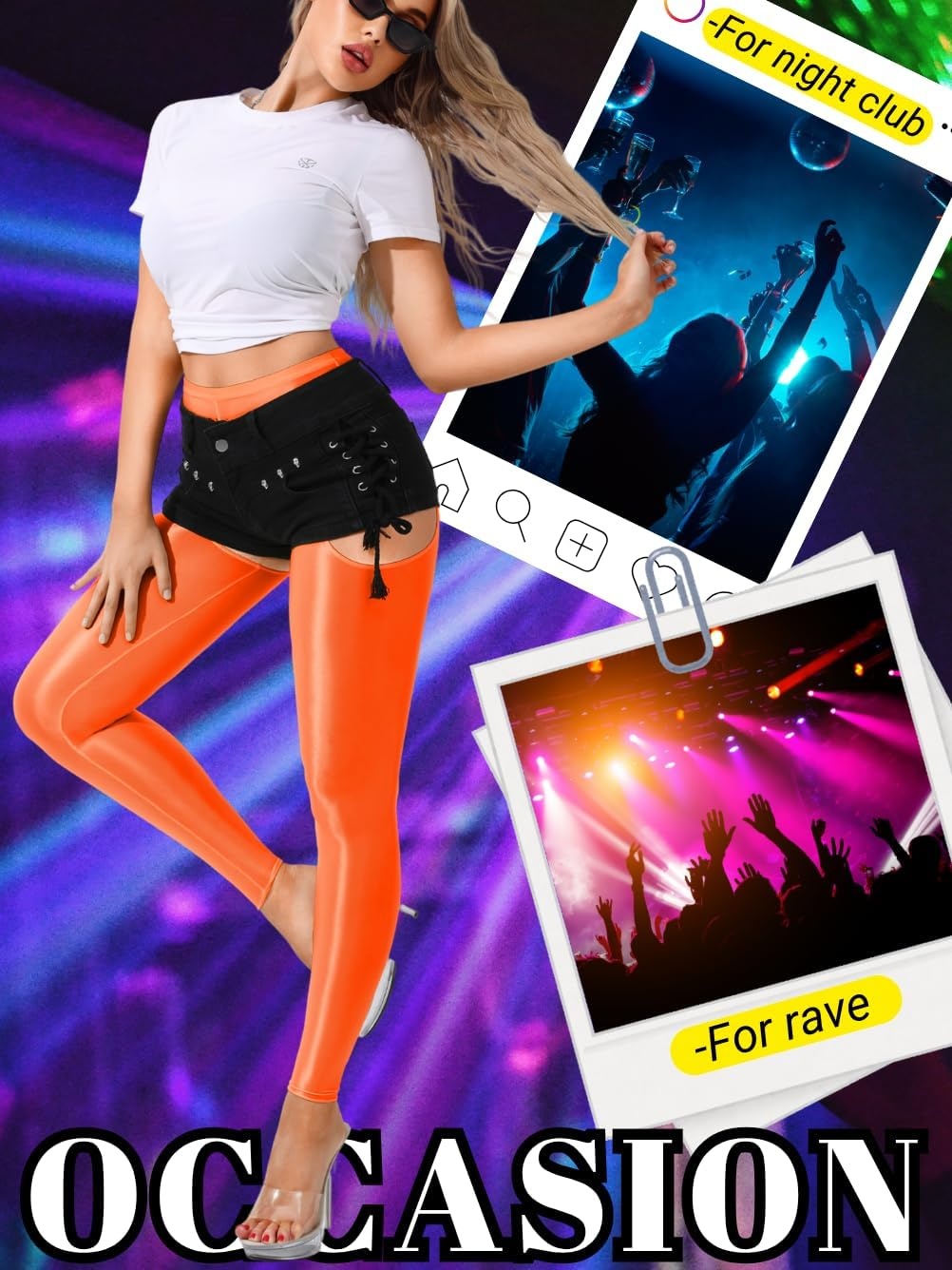 image:imageChiaoLezhee Sexy Shiny Leggings For Women Sheer High Waisted Shimmer Sparkly Glossy Rave Party Pants Suspender PantyhoseNeon Orange