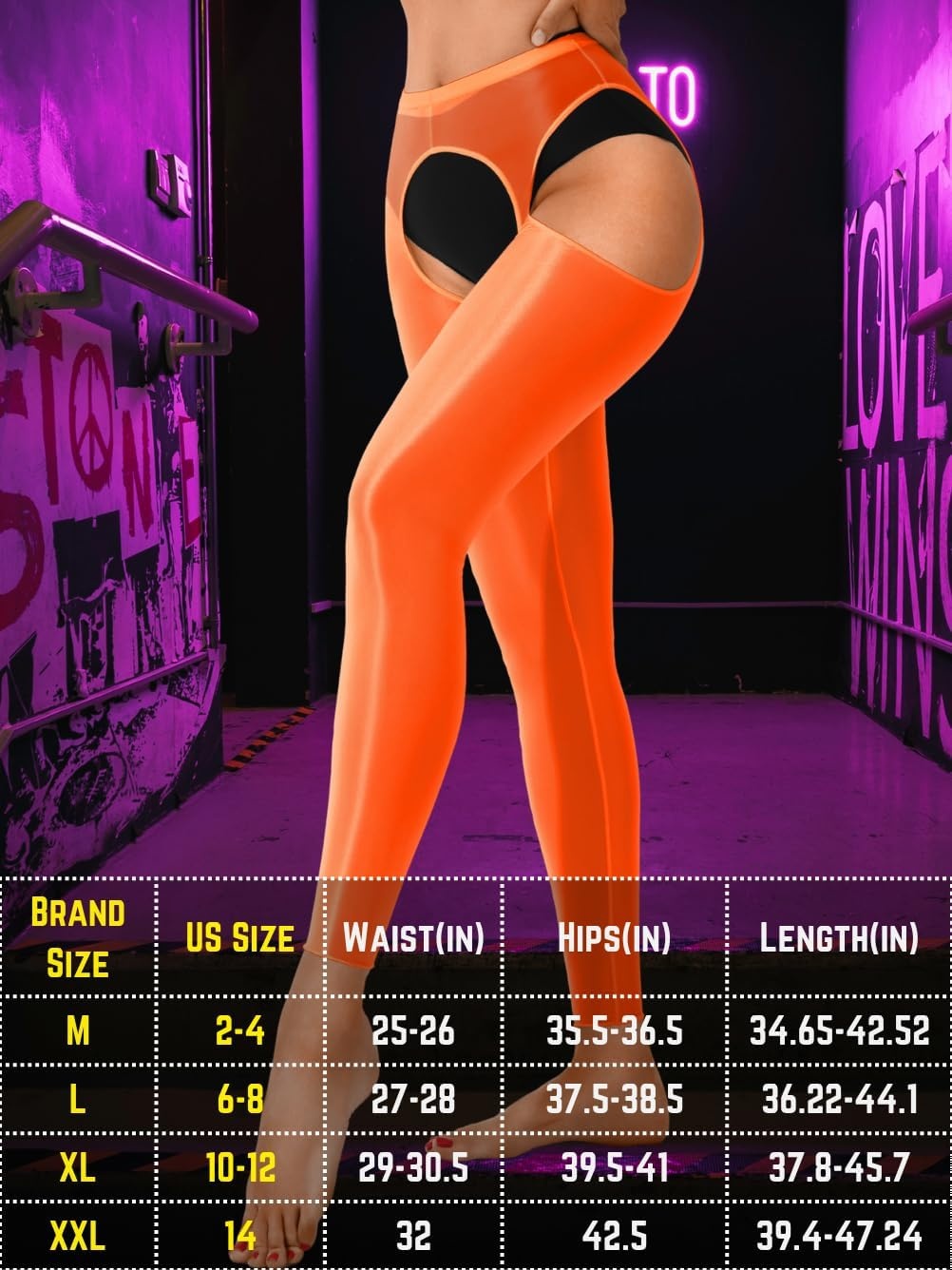 image:imageChiaoLezhee Sexy Shiny Leggings For Women Sheer High Waisted Shimmer Sparkly Glossy Rave Party Pants Suspender PantyhoseNeon Orange