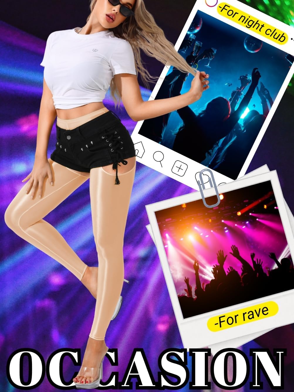 image:imageChiaoLezhee Sexy Shiny Leggings For Women Sheer High Waisted Shimmer Sparkly Glossy Rave Party Pants Suspender PantyhoseNude