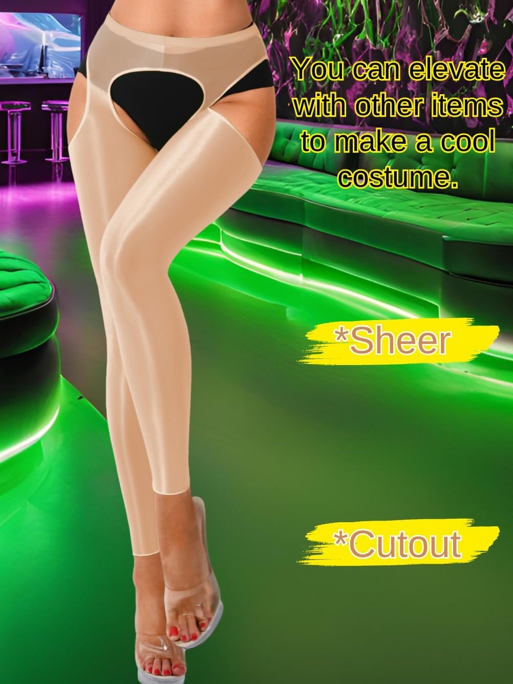 image:imageChiaoLezhee Sexy Shiny Leggings For Women Sheer High Waisted Shimmer Sparkly Glossy Rave Party Pants Suspender PantyhoseNude