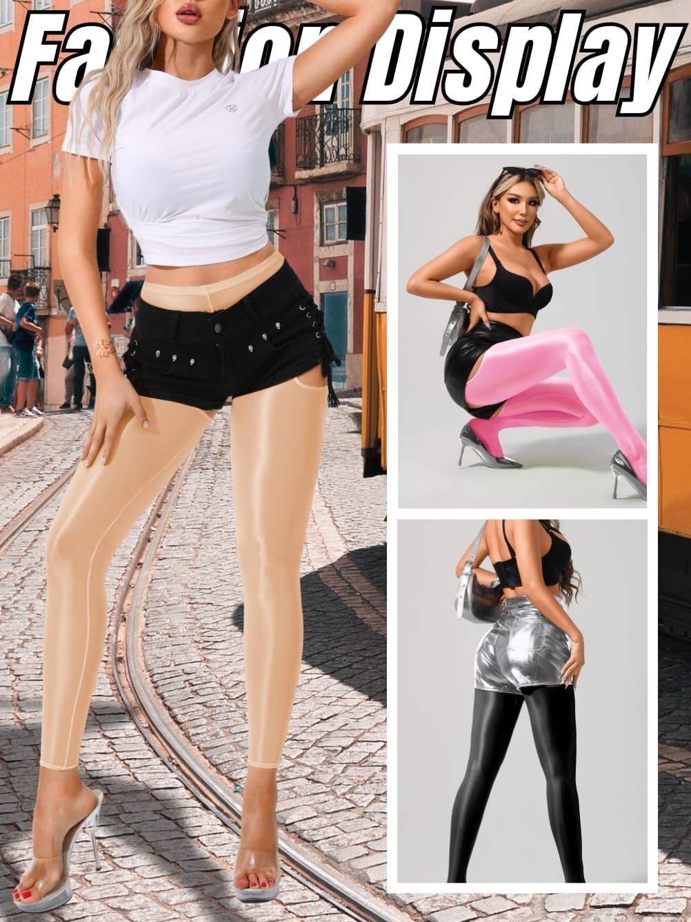 image:imageChiaoLezhee Sexy Shiny Leggings For Women Sheer High Waisted Shimmer Sparkly Glossy Rave Party Pants Suspender PantyhoseNude
