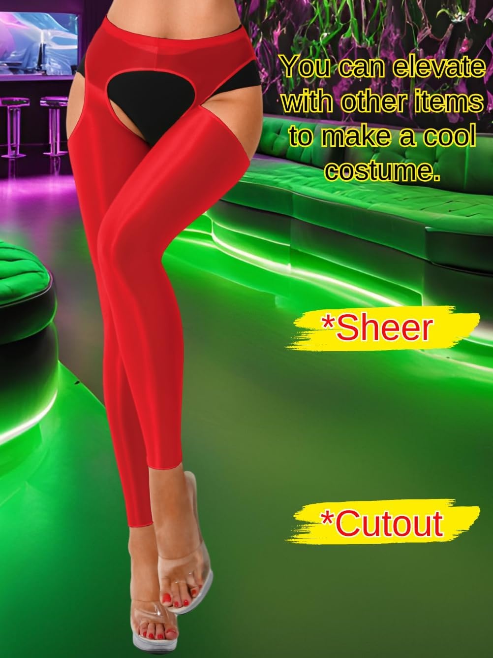 image:imageChiaoLezhee Sexy Shiny Leggings For Women Sheer High Waisted Shimmer Sparkly Glossy Rave Party Pants Suspender PantyhoseRed