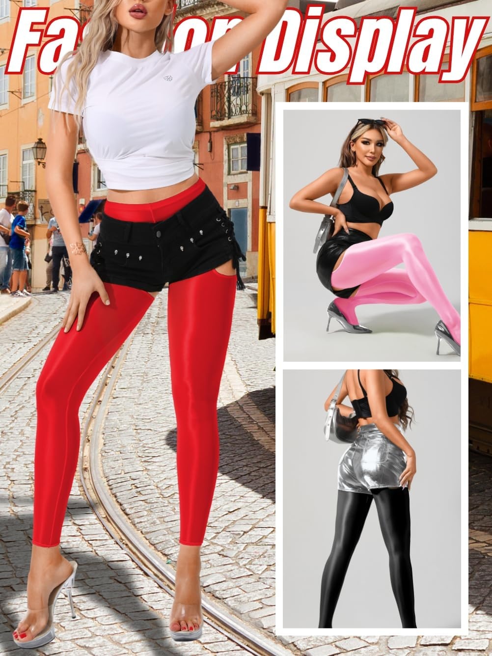 image:imageChiaoLezhee Sexy Shiny Leggings For Women Sheer High Waisted Shimmer Sparkly Glossy Rave Party Pants Suspender PantyhoseRed