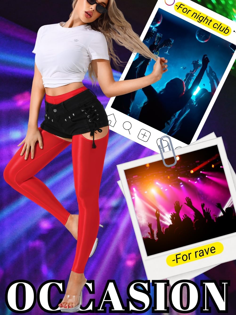 image:imageChiaoLezhee Sexy Shiny Leggings For Women Sheer High Waisted Shimmer Sparkly Glossy Rave Party Pants Suspender PantyhoseRed