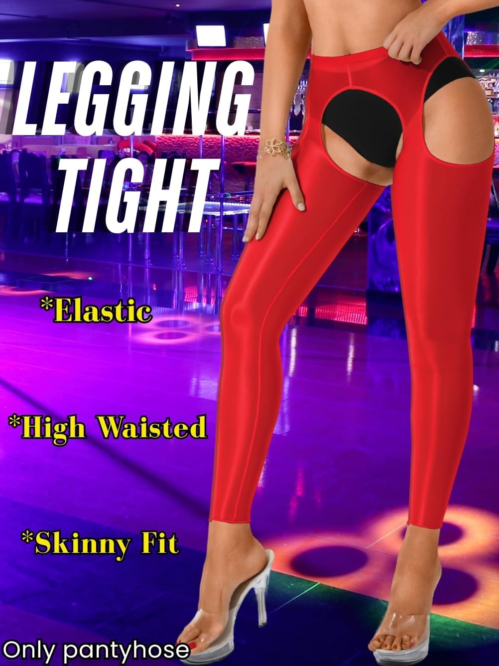 image:imageChiaoLezhee Sexy Shiny Leggings For Women Sheer High Waisted Shimmer Sparkly Glossy Rave Party Pants Suspender PantyhoseRed