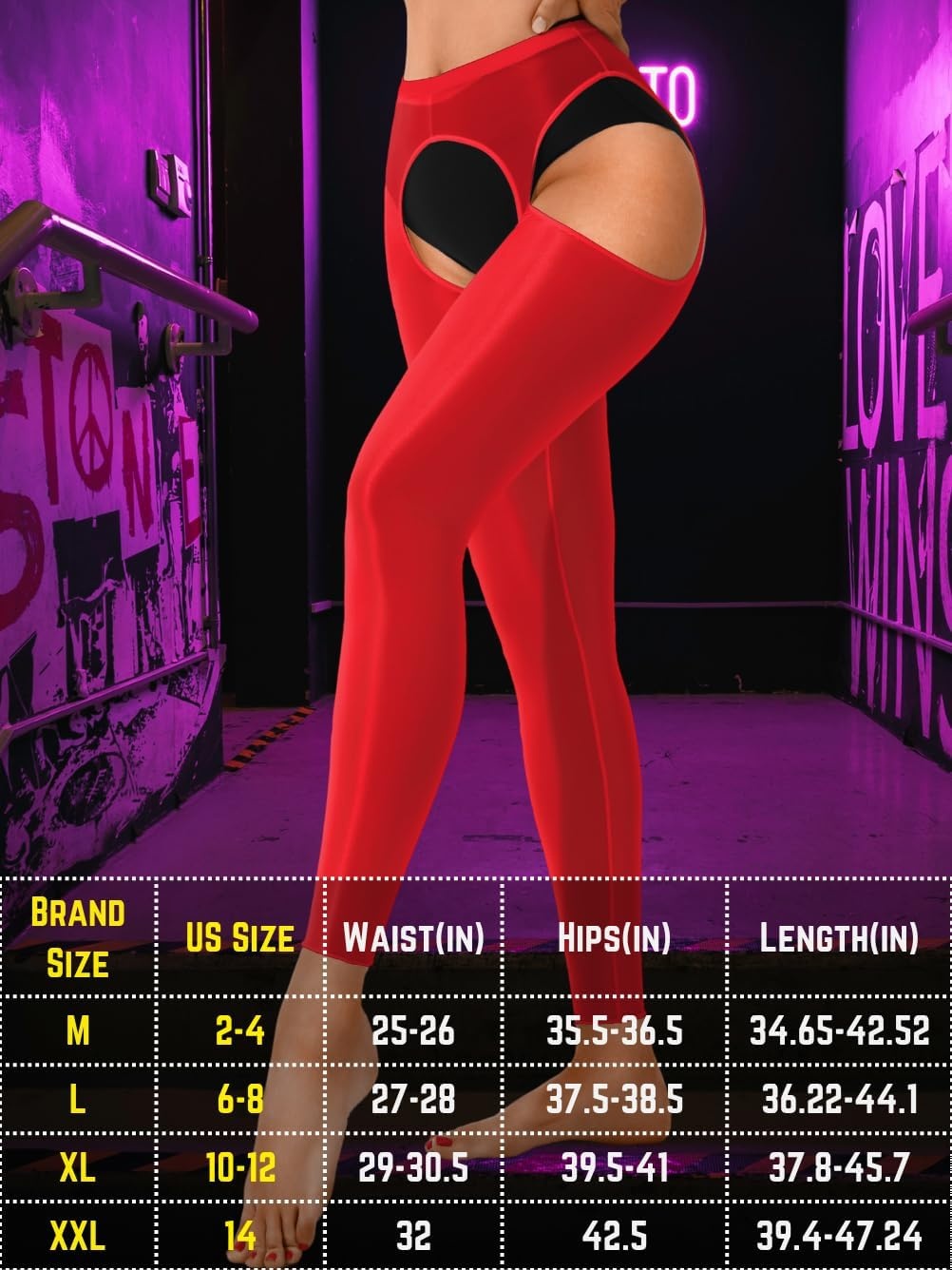 image:imageChiaoLezhee Sexy Shiny Leggings For Women Sheer High Waisted Shimmer Sparkly Glossy Rave Party Pants Suspender PantyhoseRed