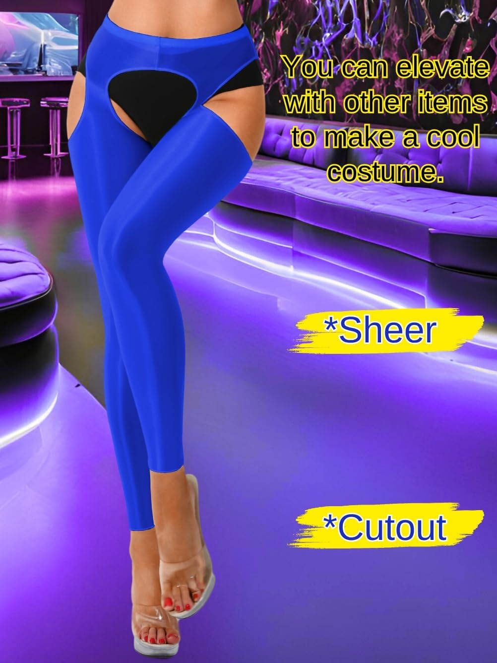image:imageChiaoLezhee Sexy Shiny Leggings For Women Sheer High Waisted Shimmer Sparkly Glossy Rave Party Pants Suspender PantyhoseRoyal Blue