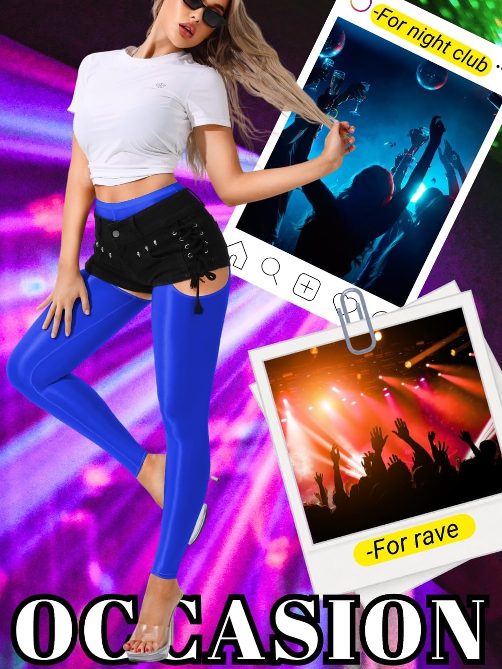 image:imageChiaoLezhee Sexy Shiny Leggings For Women Sheer High Waisted Shimmer Sparkly Glossy Rave Party Pants Suspender PantyhoseRoyal Blue