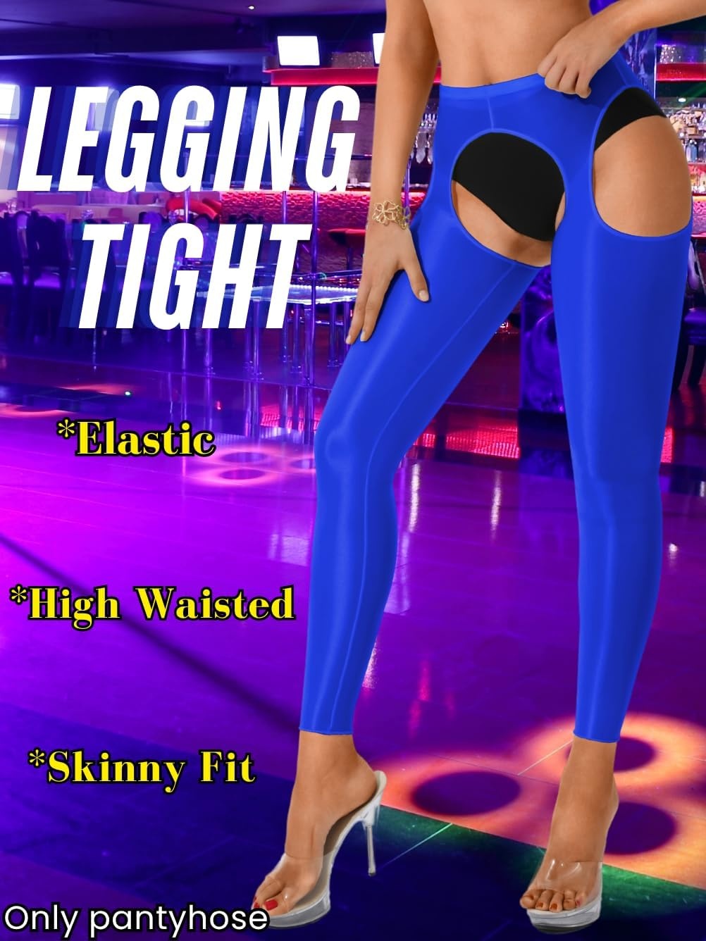 image:imageChiaoLezhee Sexy Shiny Leggings For Women Sheer High Waisted Shimmer Sparkly Glossy Rave Party Pants Suspender PantyhoseRoyal Blue