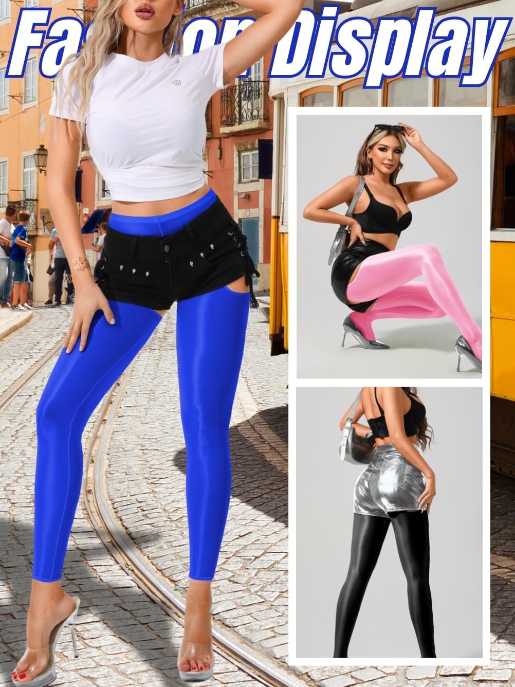 image:imageChiaoLezhee Sexy Shiny Leggings For Women Sheer High Waisted Shimmer Sparkly Glossy Rave Party Pants Suspender PantyhoseRoyal Blue