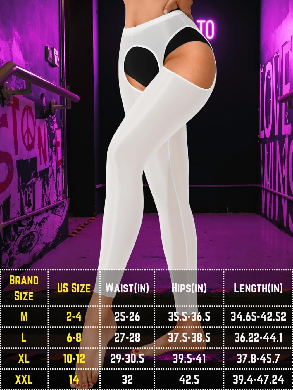 image:imageChiaoLezhee Sexy Shiny Leggings For Women Sheer High Waisted Shimmer Sparkly Glossy Rave Party Pants Suspender PantyhoseWhite