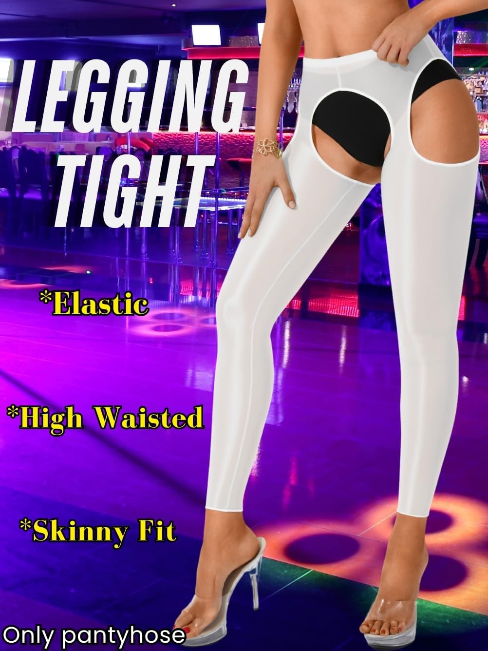 image:imageChiaoLezhee Sexy Shiny Leggings For Women Sheer High Waisted Shimmer Sparkly Glossy Rave Party Pants Suspender PantyhoseWhite