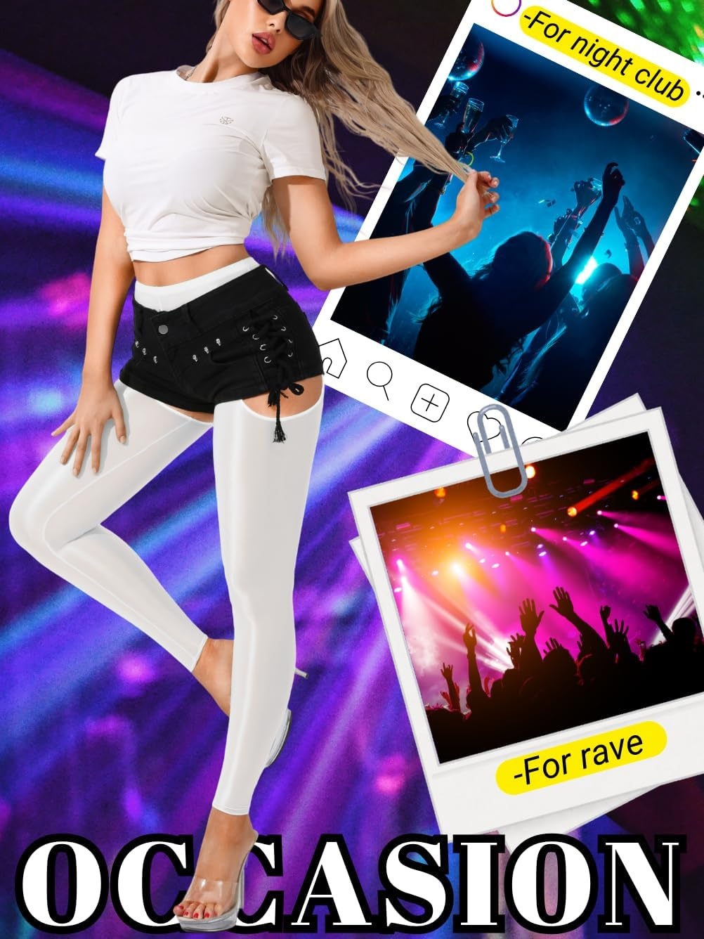 image:imageChiaoLezhee Sexy Shiny Leggings For Women Sheer High Waisted Shimmer Sparkly Glossy Rave Party Pants Suspender PantyhoseWhite