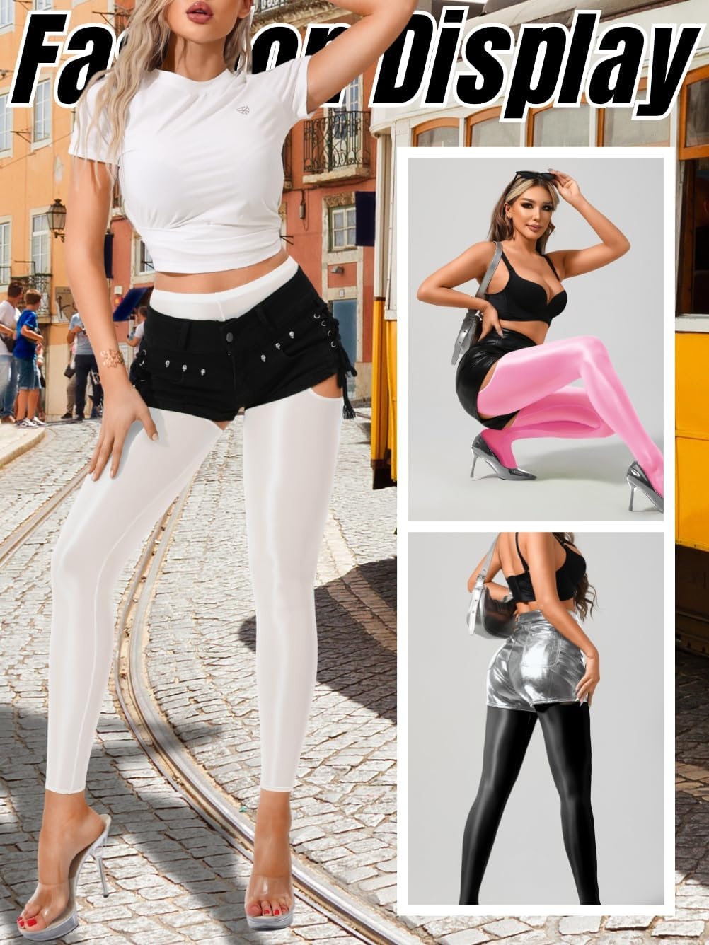 image:imageChiaoLezhee Sexy Shiny Leggings For Women Sheer High Waisted Shimmer Sparkly Glossy Rave Party Pants Suspender PantyhoseWhite