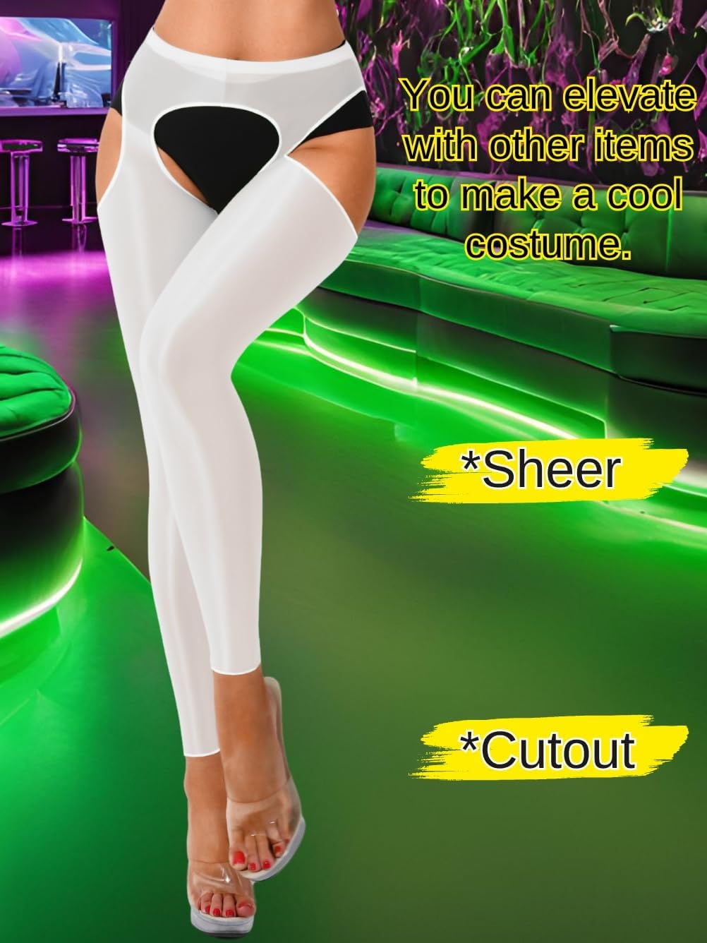 image:imageChiaoLezhee Sexy Shiny Leggings For Women Sheer High Waisted Shimmer Sparkly Glossy Rave Party Pants Suspender PantyhoseWhite