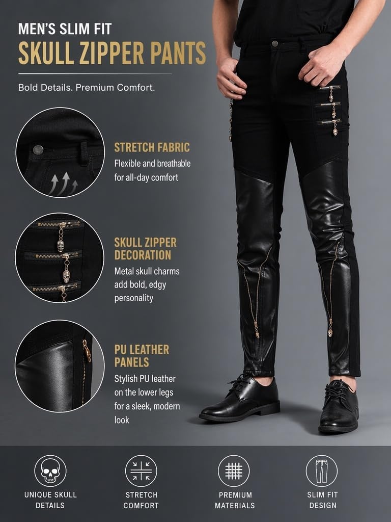 image:imageIdopy Mens Rock Punk Hip Hop Faux Leather Motocycle PantsBlack 2