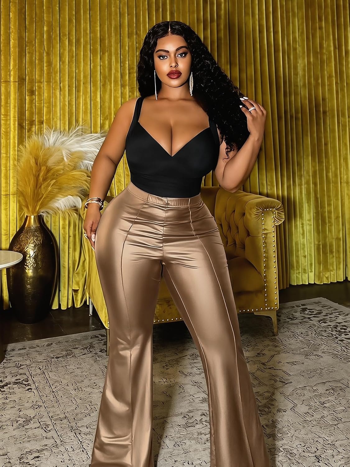 image:imageRoseSeek Womens Plus Size PU Leather Pants Flare Leggings High Waisted Bodycon Pants Baddie OutfitsGold