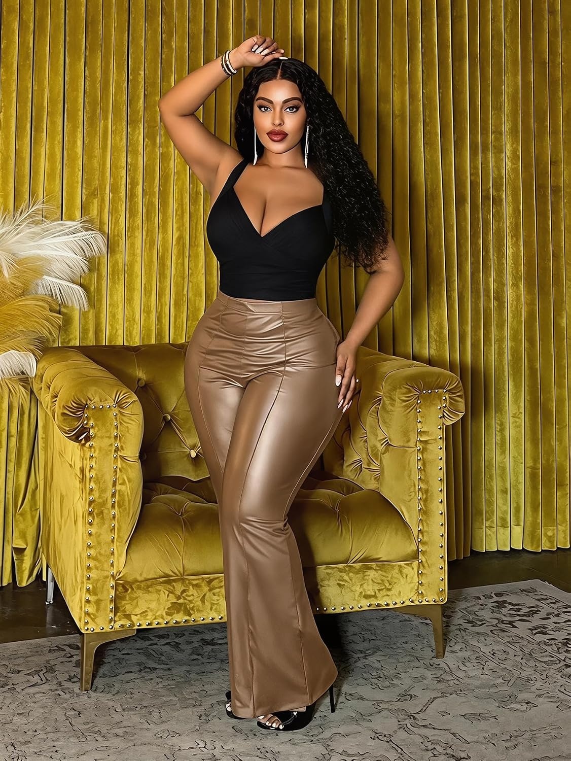 image:imageRoseSeek Womens Plus Size PU Leather Pants Flare Leggings High Waisted Bodycon Pants Baddie OutfitsGold