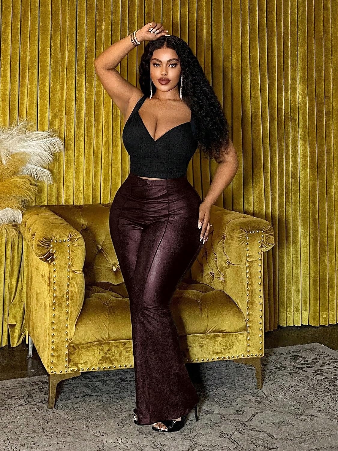 image:imageRoseSeek Womens Plus Size PU Leather Pants Flare Leggings High Waisted Bodycon Pants Baddie OutfitsRed Violet