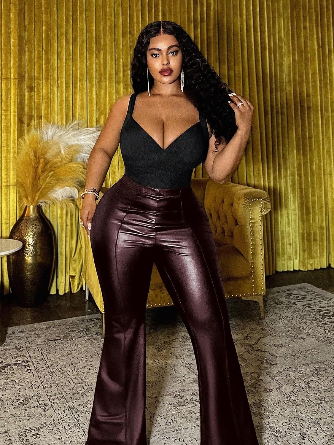 image:imageRoseSeek Womens Plus Size PU Leather Pants Flare Leggings High Waisted Bodycon Pants Baddie OutfitsRed Violet