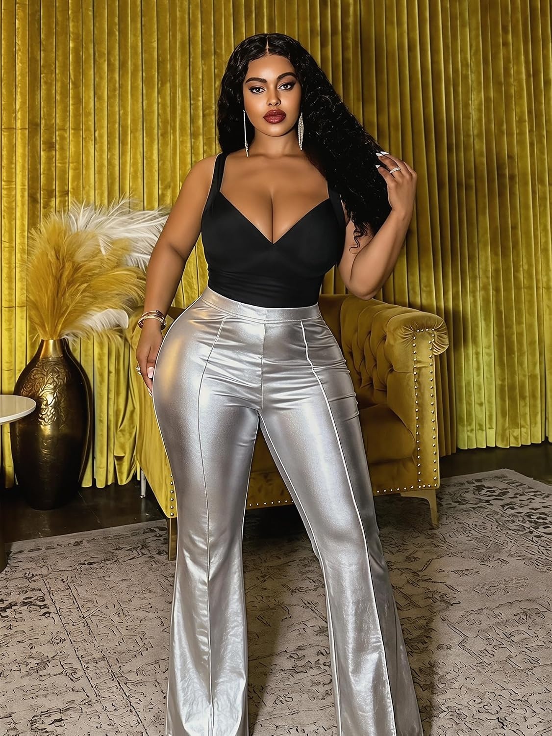 image:imageRoseSeek Womens Plus Size PU Leather Pants Flare Leggings High Waisted Bodycon Pants Baddie OutfitsSilver