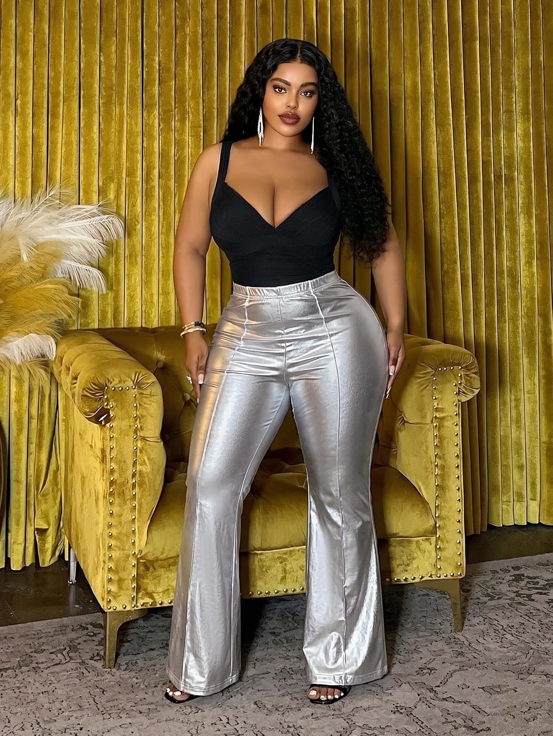 image:imageRoseSeek Womens Plus Size PU Leather Pants Flare Leggings High Waisted Bodycon Pants Baddie OutfitsSilver