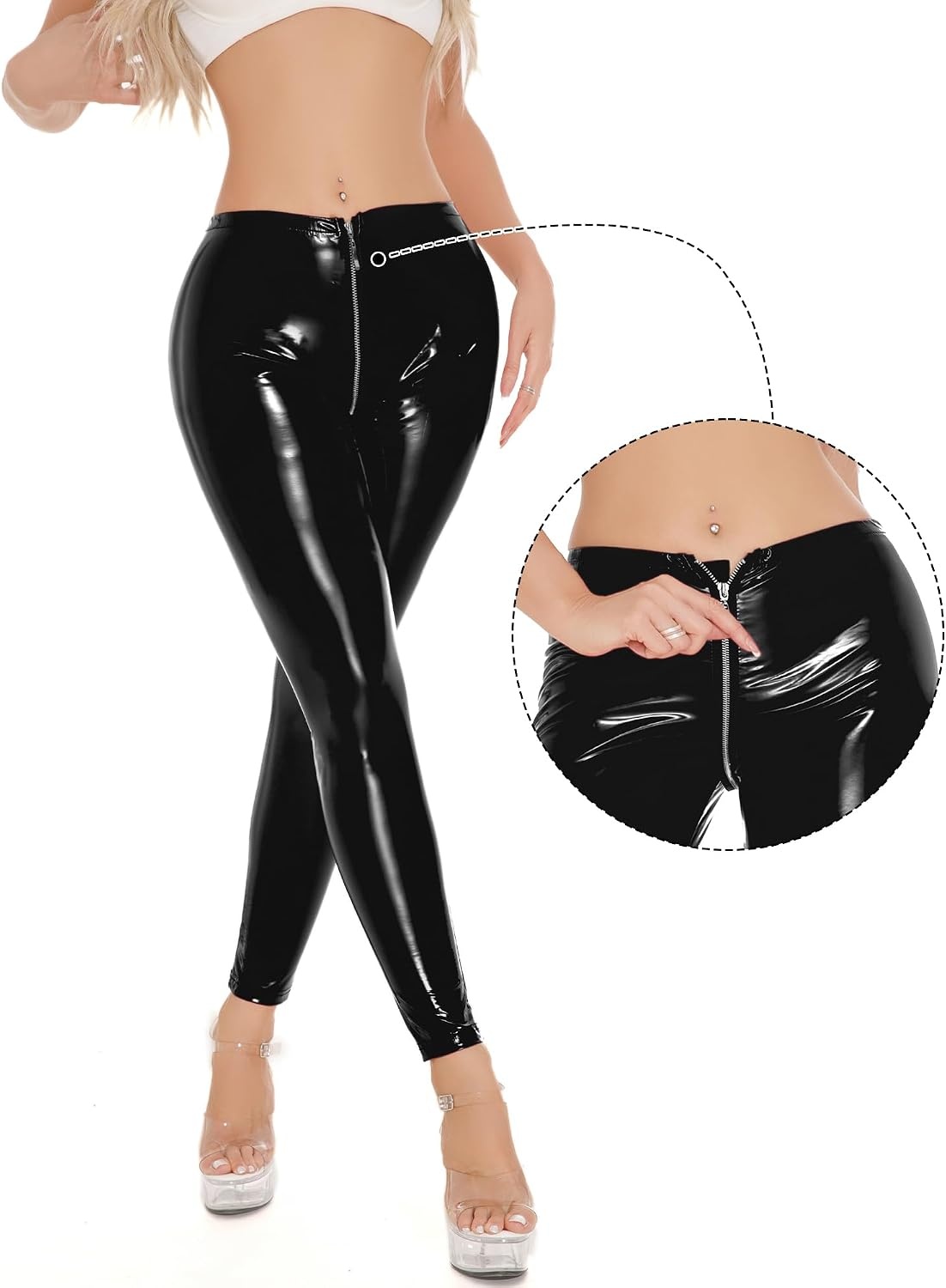 image:imageWomen Faux Leather High Waist Sexy Leggings Zippered Crotch Stretchy PantsBlack