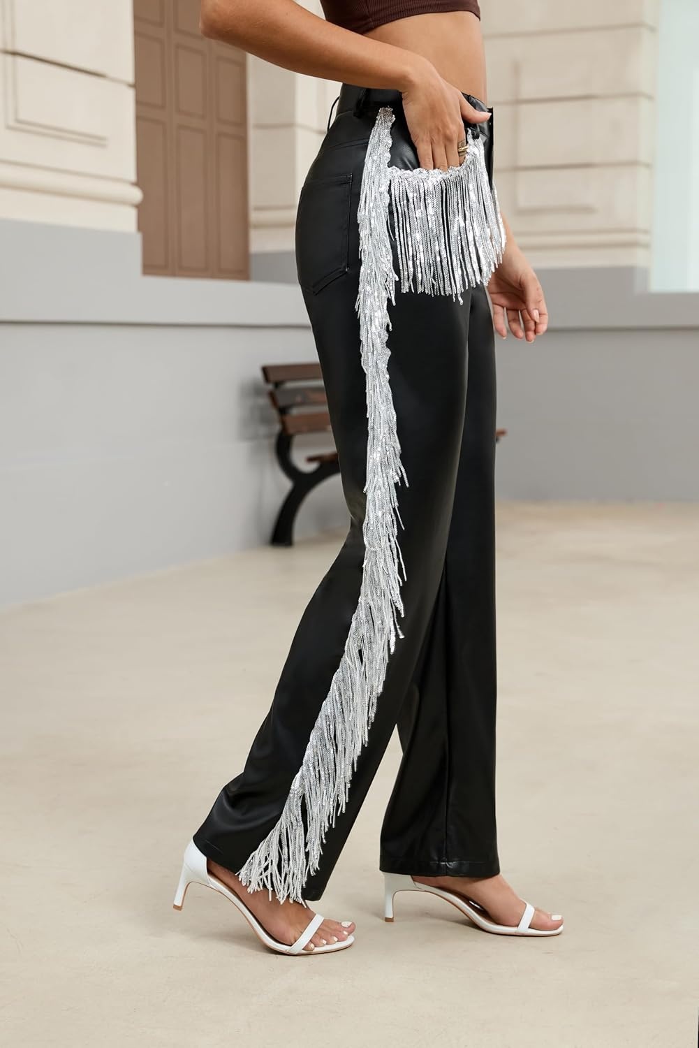 image:imageWomens Fringe Pants Faux Leather PU Button Straight Leggings Sparkly Tassels Side Skinny TrousersBlack