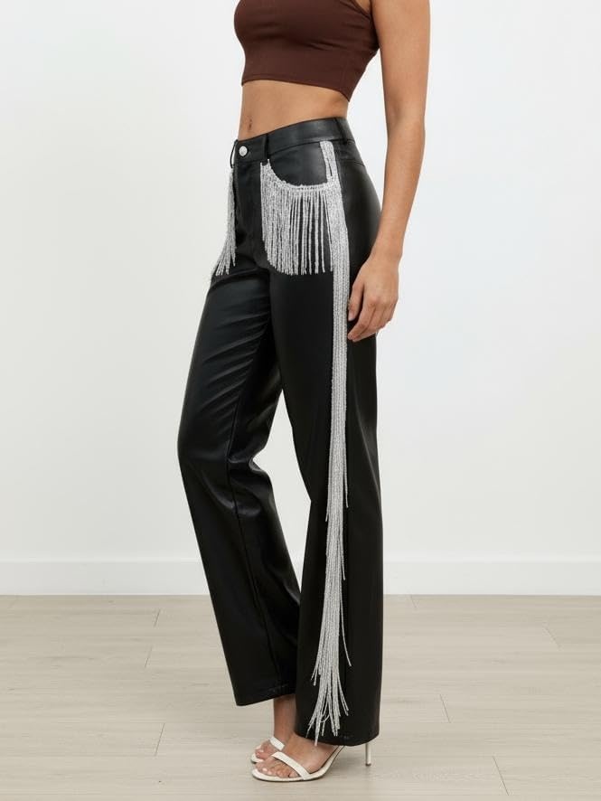 image:imageWomens Fringe Pants Faux Leather PU Button Straight Leggings Sparkly Tassels Side Skinny TrousersBlack