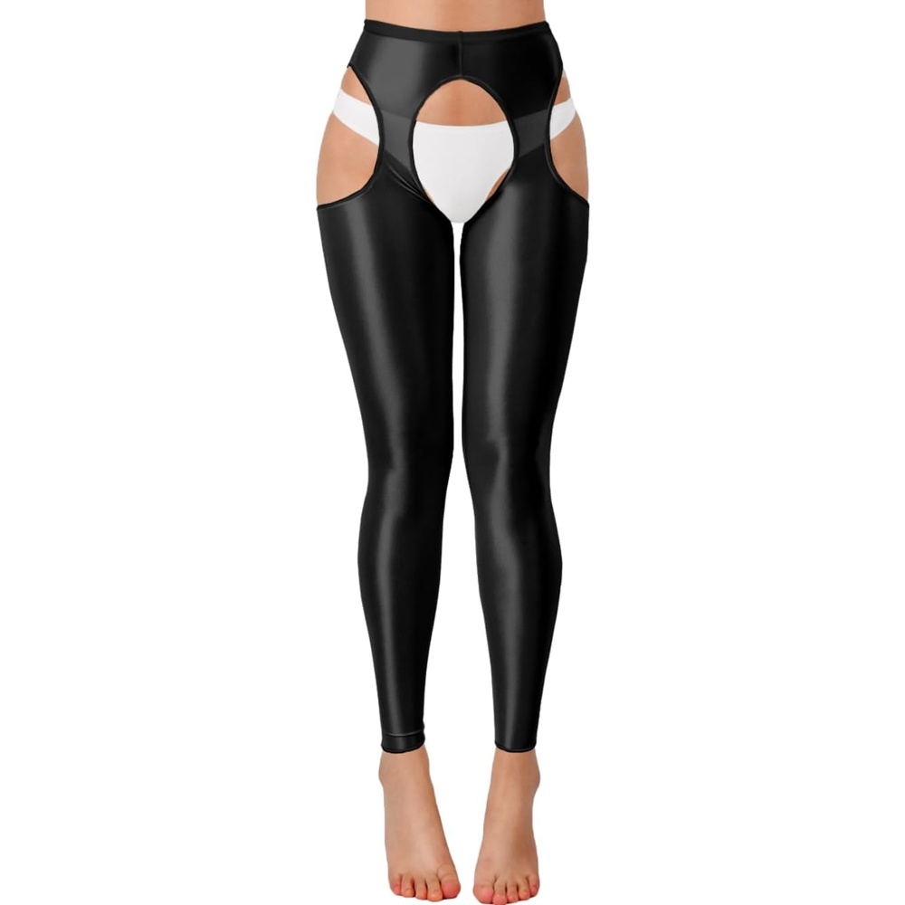 image:imageChiaoLezhee Sexy Shiny Leggings For Women Sheer High Waisted Shimmer Sparkly Glossy Rave Party Pants Suspender PantyhoseBlack