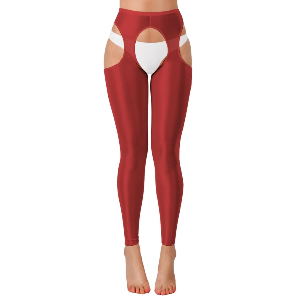image:imageChiaoLezhee Sexy Shiny Leggings For Women Sheer High Waisted Shimmer Sparkly Glossy Rave Party Pants Suspender PantyhoseBurgundy