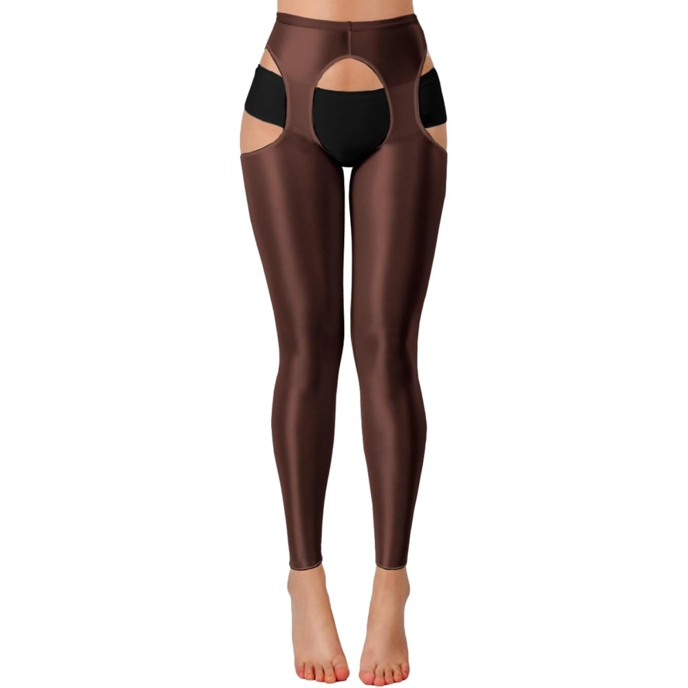 image:imageChiaoLezhee Sexy Shiny Leggings For Women Sheer High Waisted Shimmer Sparkly Glossy Rave Party Pants Suspender PantyhoseDark Brown
