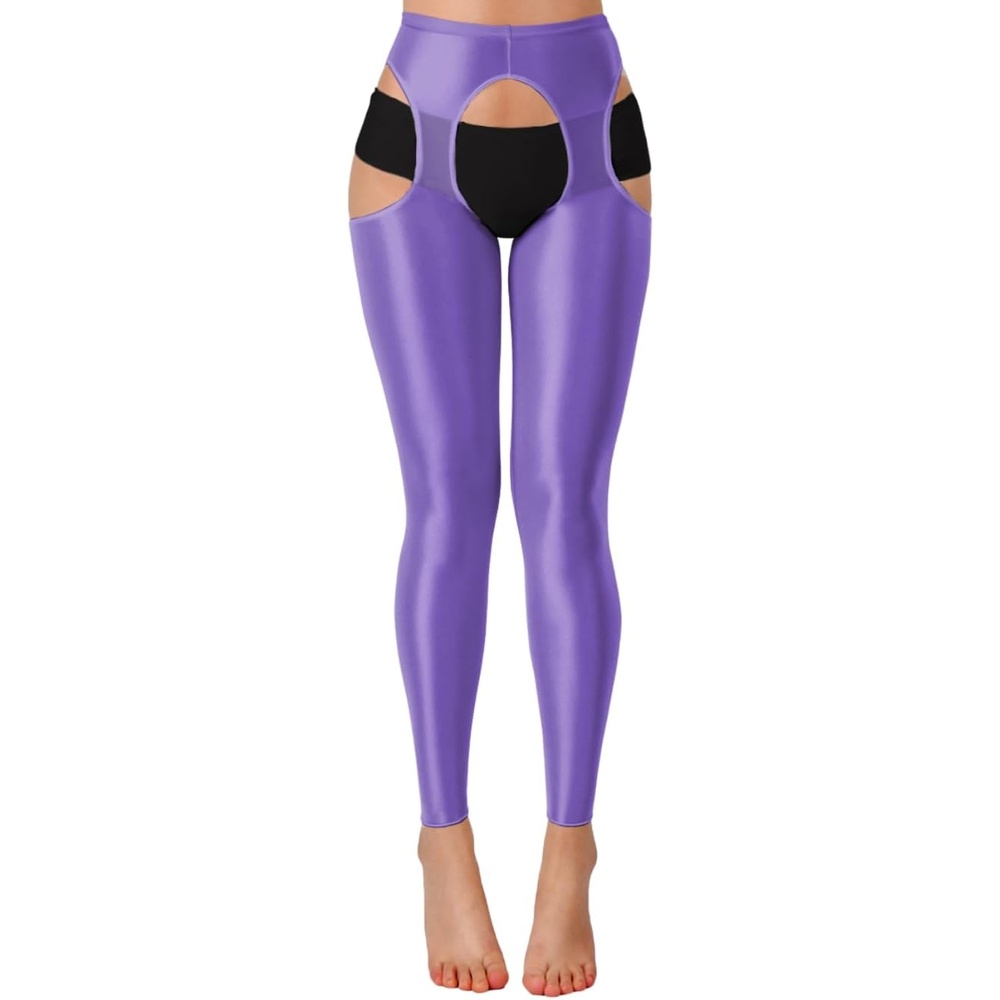 image:imageChiaoLezhee Sexy Shiny Leggings For Women Sheer High Waisted Shimmer Sparkly Glossy Rave Party Pants Suspender PantyhoseDark Purple