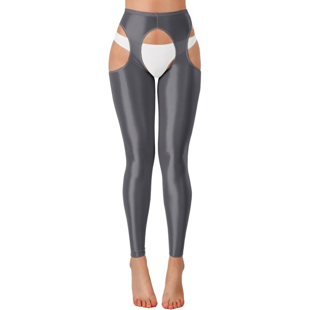 image:imageChiaoLezhee Sexy Shiny Leggings For Women Sheer High Waisted Shimmer Sparkly Glossy Rave Party Pants Suspender PantyhoseGrey