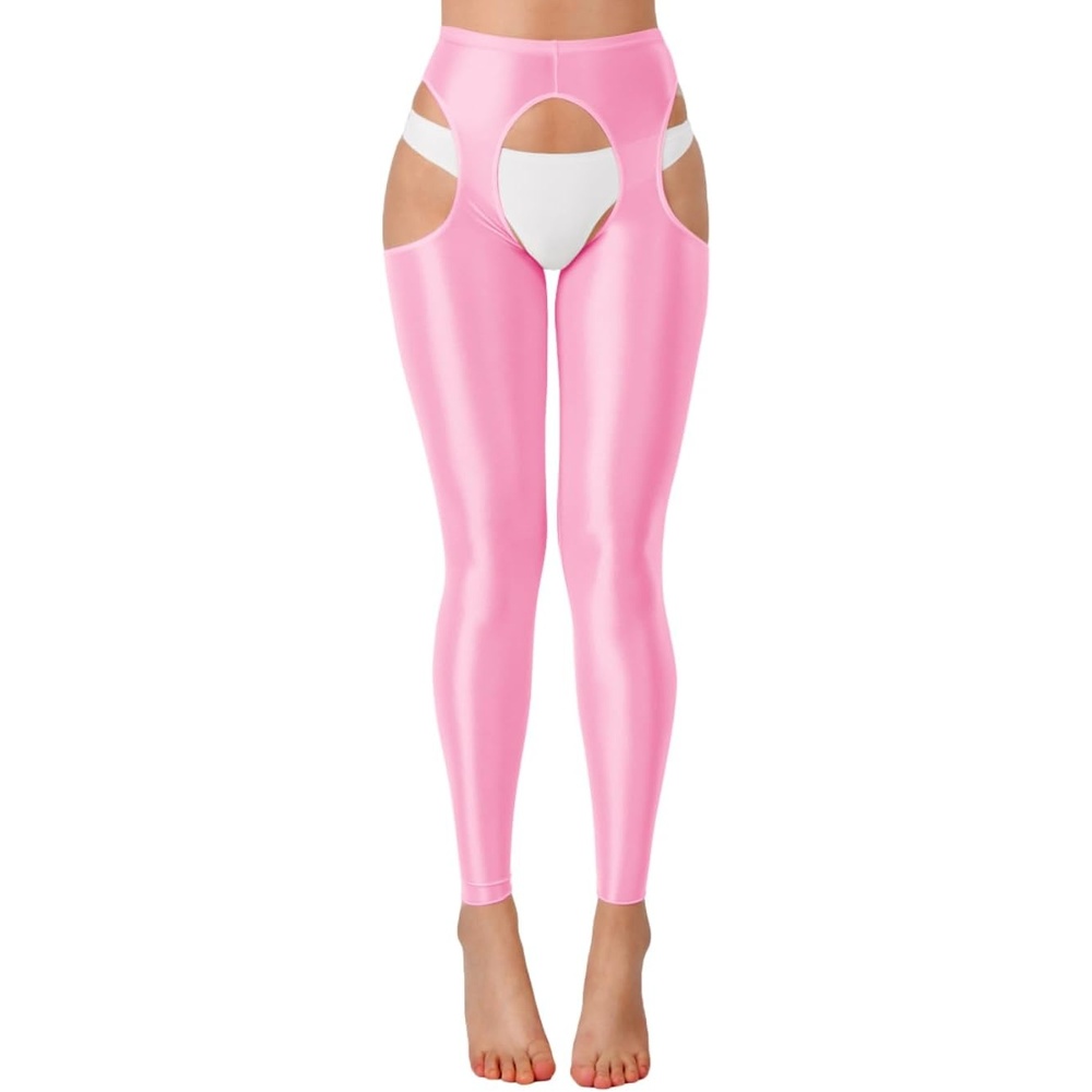 image:imageChiaoLezhee Sexy Shiny Leggings For Women Sheer High Waisted Shimmer Sparkly Glossy Rave Party Pants Suspender PantyhoseLight Pink