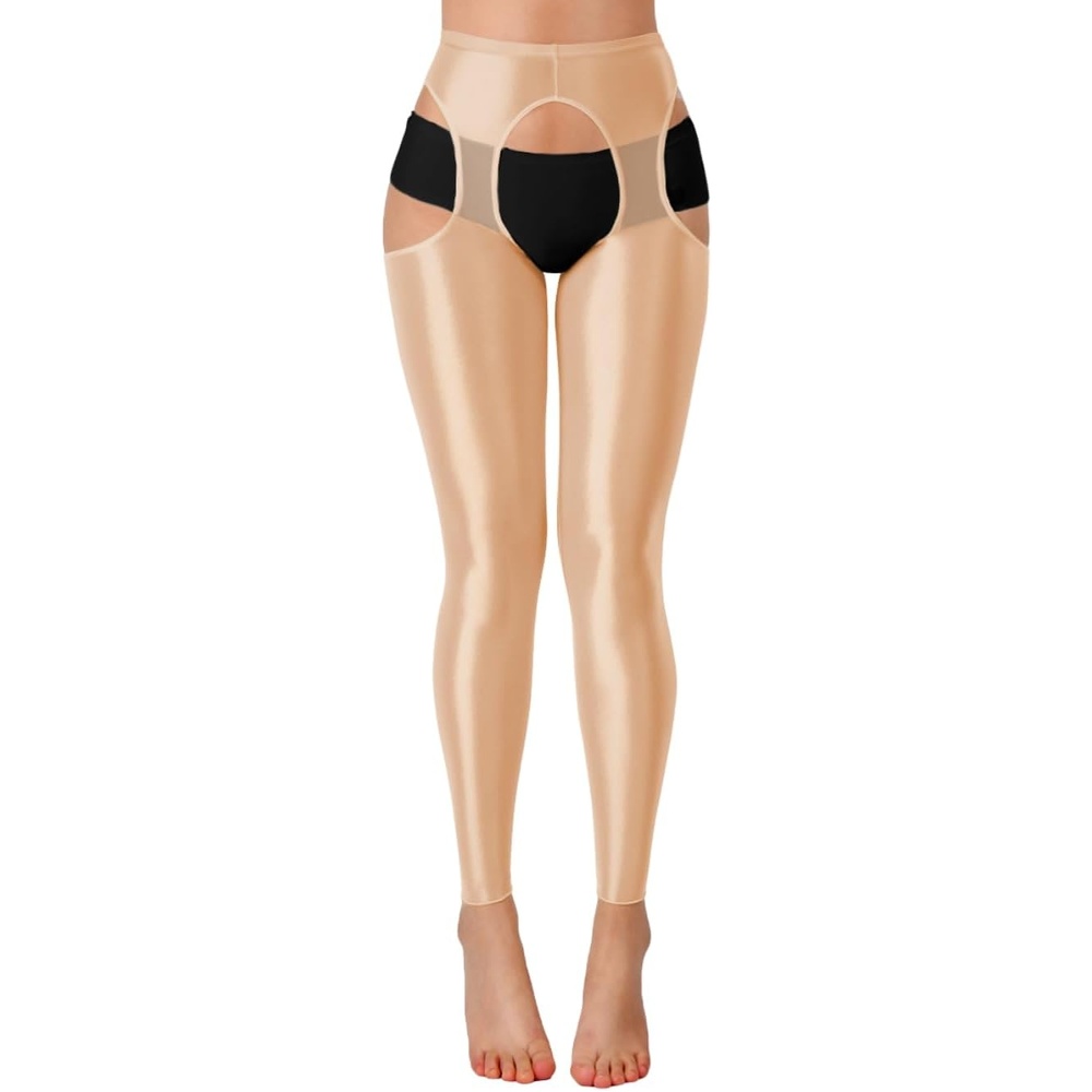 image:imageChiaoLezhee Sexy Shiny Leggings For Women Sheer High Waisted Shimmer Sparkly Glossy Rave Party Pants Suspender PantyhoseNude