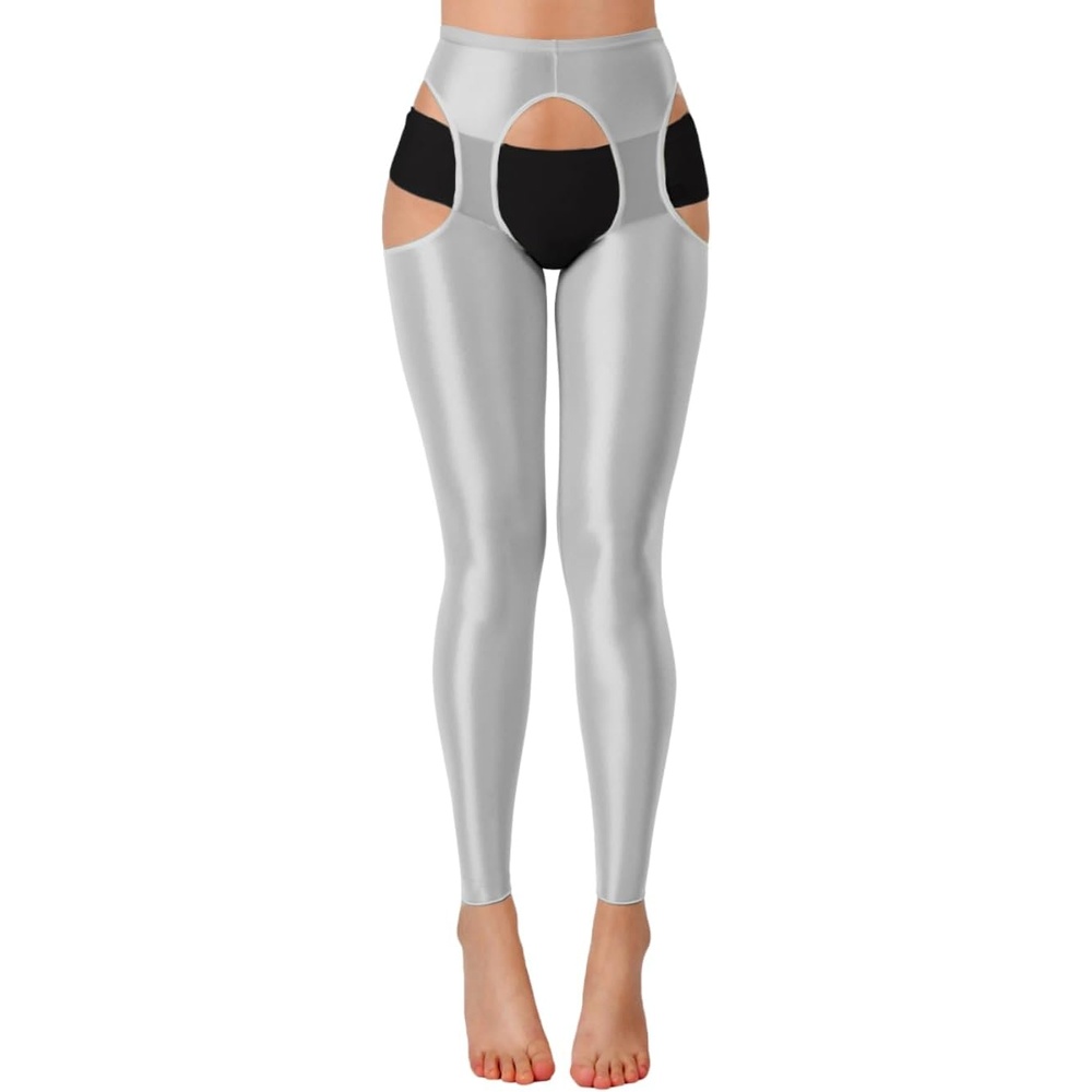image:imageChiaoLezhee Sexy Shiny Leggings For Women Sheer High Waisted Shimmer Sparkly Glossy Rave Party Pants Suspender PantyhoseSilver