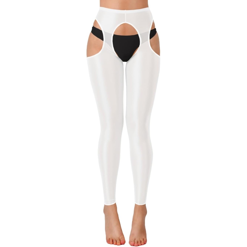 image:imageChiaoLezhee Sexy Shiny Leggings For Women Sheer High Waisted Shimmer Sparkly Glossy Rave Party Pants Suspender PantyhoseWhite