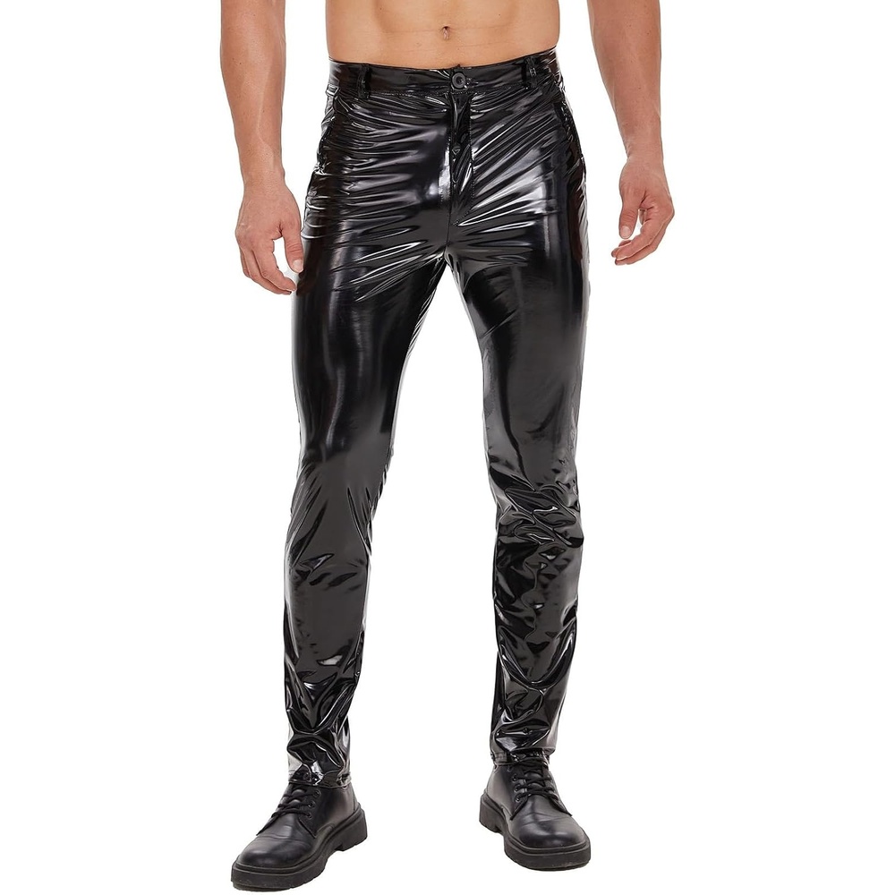 image:imageMens Shiny Leather Pants Sexy Zipper Open Crotch Wetlook Glossy Casual Trousers BlackBlack