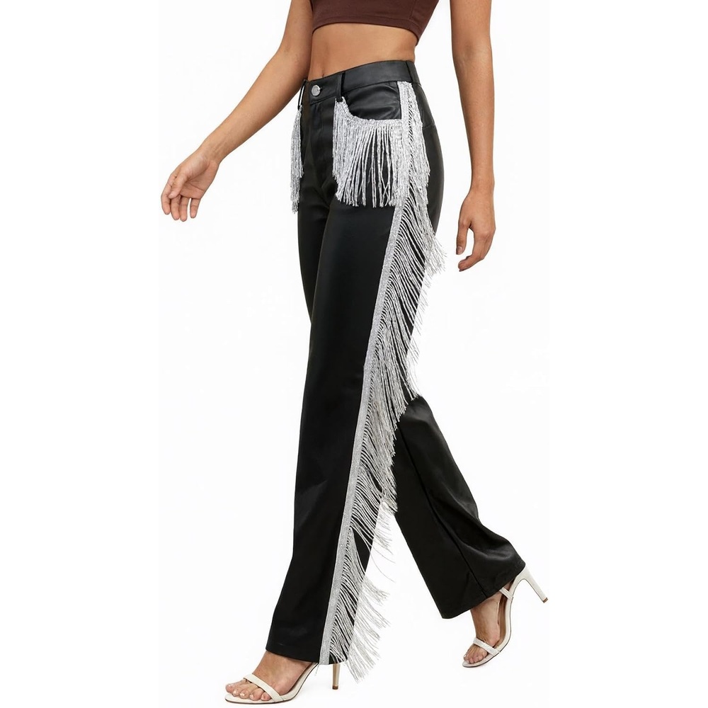 image:imageWomens Fringe Pants Faux Leather PU Button Straight Leggings Sparkly Tassels Side Skinny TrousersBlack