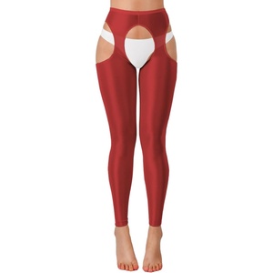 ChiaoLezhee Sexy Shiny Leggings For Women, Sheer High Waisted, Shimmer Sparkly Glossy Rave Party Pants Suspender Pantyhose(Burgundy)