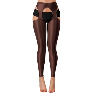 ChiaoLezhee Sexy Shiny Leggings For Women, Sheer High Waisted, Shimmer Sparkly Glossy Rave Party Pants Suspender Pantyhose(Dark Brown)