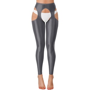 ChiaoLezhee Sexy Shiny Leggings For Women, Sheer High Waisted, Shimmer Sparkly Glossy Rave Party Pants Suspender Pantyhose(Grey)